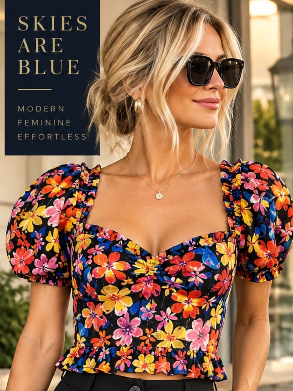 NWT Skies Are Blue Vibrant Floral Puff Sleeve Sweetheart Crop Top Size S